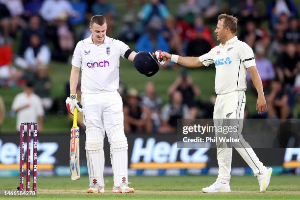 Harry Brook of England is checked upon by Neil Wagner of New Zealand after being hit by the ball during day one of the First Test match in the series...