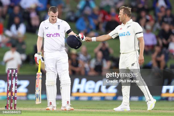 Harry Brook of England is checked upon by Neil Wagner of New Zealand after being hit by the ball during day one of the First Test match in the series...