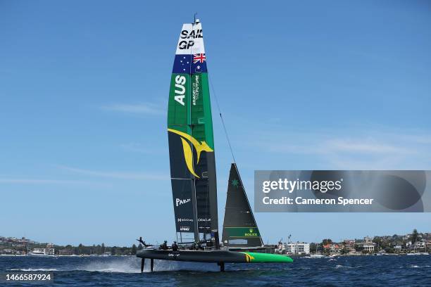 Australia SailGP Team trains during a practice session ahead of SailGP Australia at Sydney Harbour on February 16, 2023 in Sydney, Australia.