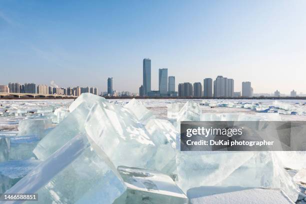 transparency ice  in  harbin songhua river - harbin ice festival photos et images de collection