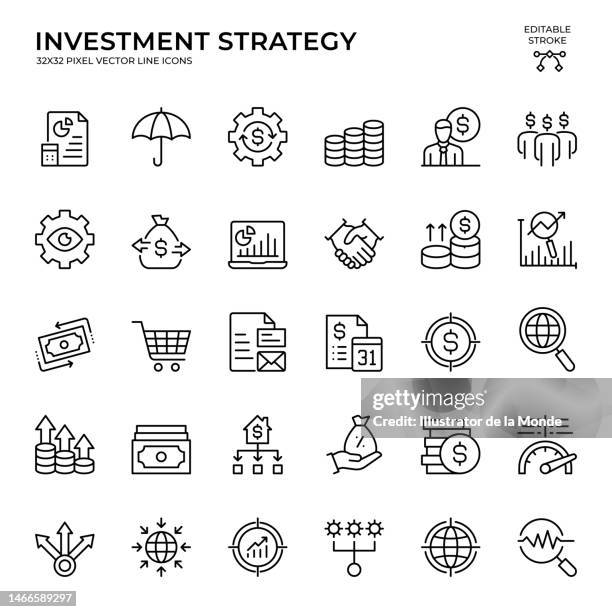 editable stroke vector icon set of investment strategy - risk management stock illustrations