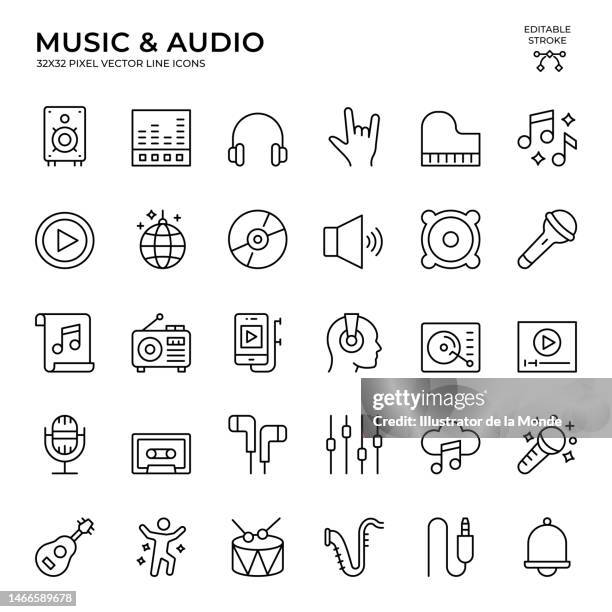 editable stroke vector icon set of music and audio - gramophone vector stock illustrations