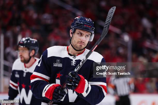 Garnet Hathaway of the Washington Capitals looks on against the San Jose Sharks during the second period of the game at Capital One Arena on February...