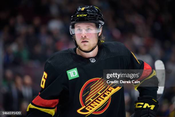 Brock Boeser of the Vancouver Canucks waits for a face-off during the third period of their NHL game against the Detroit Red Wings at Rogers Arena on...