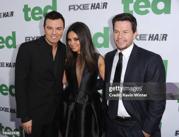 Writer/director Seth MacFarlane, actors Mila Kunis and Mark Wahlberg arrive at the Premiere of Universal Pictures' "Ted" sponsored in part by AXE...