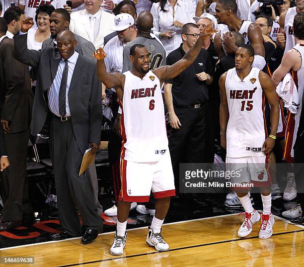 LeBron James and Mario Chalmers of the Miami Heat celebrate late in the fourth quarter against the Oklahoma City Thunder in Game Five of the 2012 NBA...