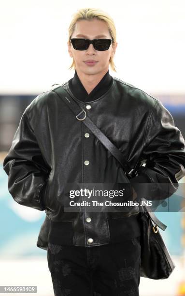 TaeYang of BIGBANG is seen leaving Incheon International Airport for Givenchy men's fall/winter 2023 show on January 17, 2023 in Incheon, South Korea.