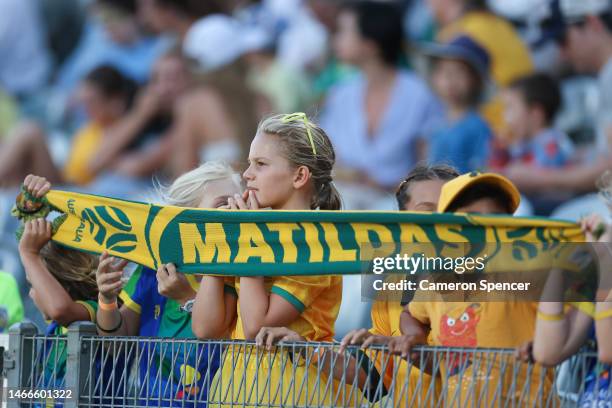 Young Matildas fans watches during the Cup of Nations match between the Australia Matildas and Czechia at Industree Group Stadium on February 16,...