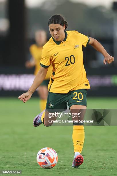 Sam Kerr of Matildas dribbles the ball during the Cup of Nations match between the Australia Matildas and Czechia at Industree Group Stadium on...