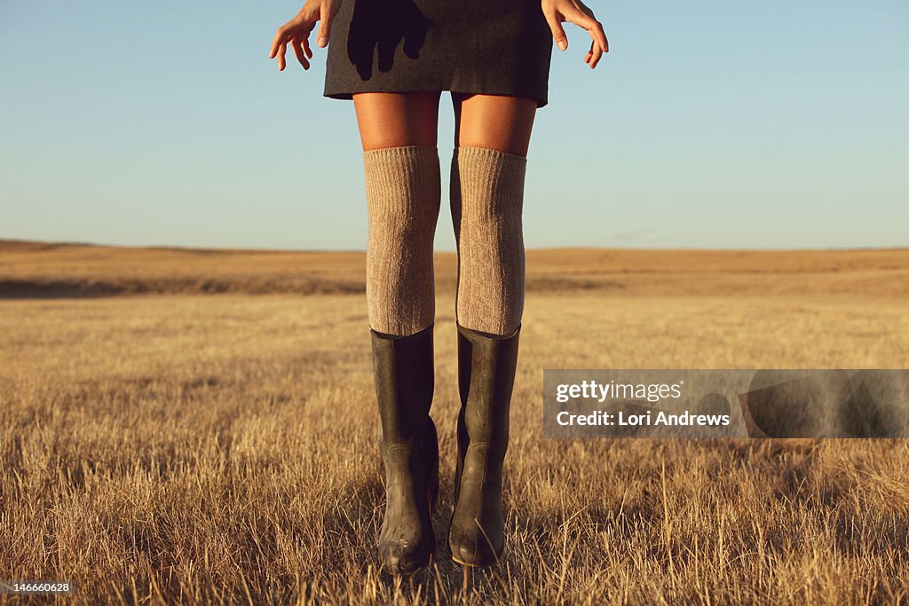 Woman's legs in knee high socks and rubber boots
