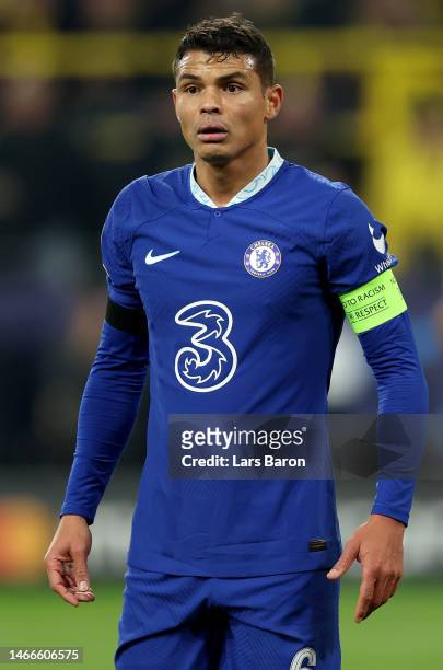 Thiago Silva of Chelsea looks on during the UEFA Champions League round of 16 leg one match between Borussia Dortmund and Chelsea FC at Signal Iduna...