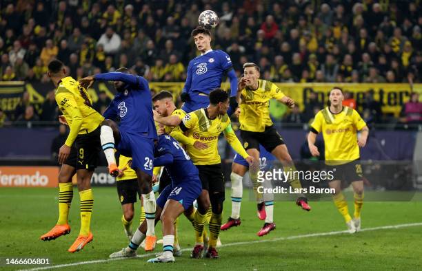 Kai Havertz of Chelsea goes up for a header during the UEFA Champions League round of 16 leg one match between Borussia Dortmund and Chelsea FC at...