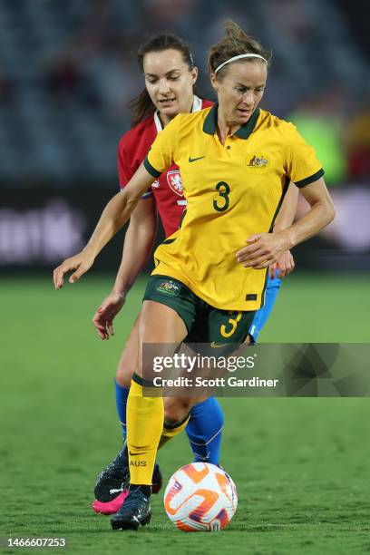 Aivi Luik of the Matildas with the ball during the Cup of Nations match between the Australia Matildas and Czechia at Industree Group Stadium on...