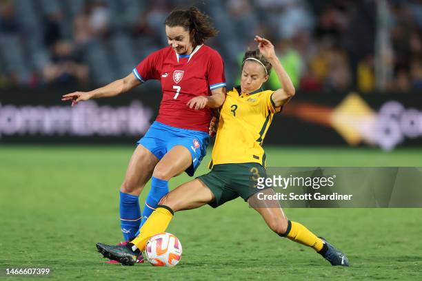 Aivi Luik of the Matildas competes for the ball with Lucie Martínková of Czechia during the Cup of Nations match between the Australia Matildas and...