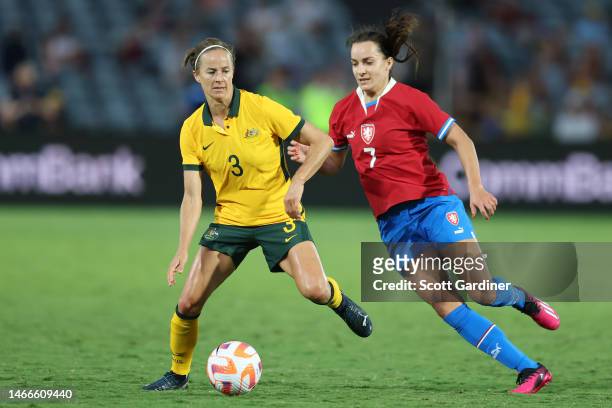 Aivi Luik of the Matildas with the competes for the ball with Lucie Martínková of Czechia during the Cup of Nations match between the Australia...