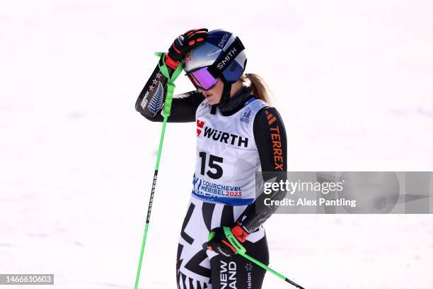 Alice Robinson of New Zealand reacts following their first run during Women's Giant Slalom at the FIS Alpine World Ski Championships on February 16,...