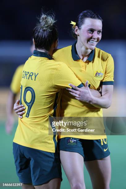 Hayley Raso of the Matildas celebrates a goal with Katrina Gorry of the Matildas during the Cup of Nations match between the Australia Matildas and...