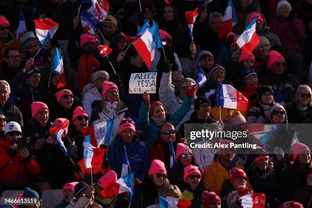 Fans of France show their support during Women's Giant Slalom at the FIS Alpine World Ski Championships on February 16, 2023 in Meribel, France.