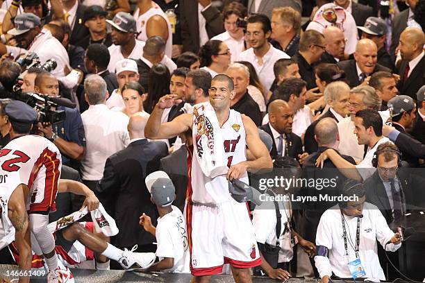 Shane Battier of the Miami Heat celebrates after his team won the NBA Championship by defeating the Oklahoma City Thunder in Game Five of the 2012...