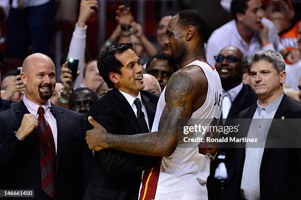 Head coach Erik Spoelstra and LeBron James of the Miami Heat celebrate against the Oklahoma City Thunder in Game Five of the 2012 NBA Finals on June...