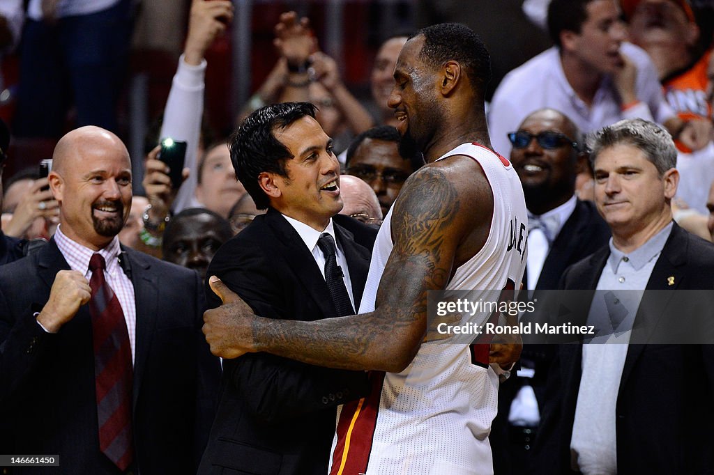 Head coach Erik Spoelstra and LeBron James of the Miami Heat
