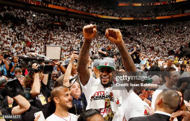 LeBron James of the Miami Heat celebrates after defeating the Oklahoma City Thunder during Game Five of the 2012 NBA Finals to win the NBA...