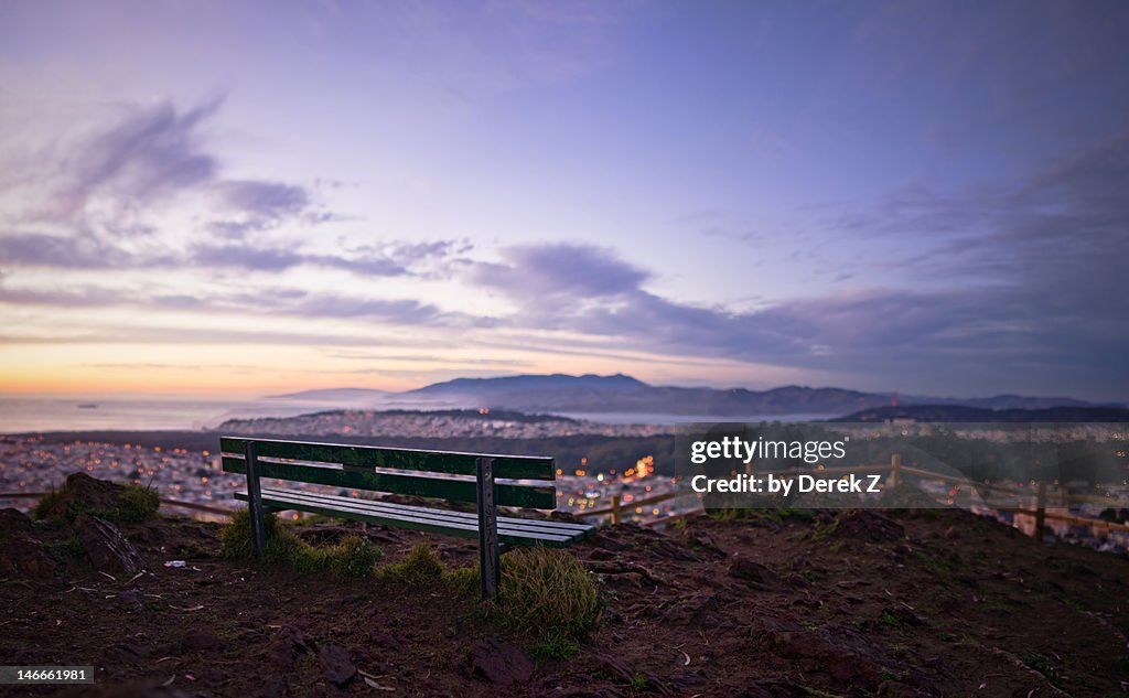 San Francisco bench at sunset overlooking the bay