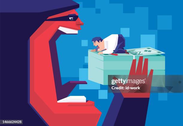 scammer holding stack of money banknotes with businessman - man ready to eat stock illustrations