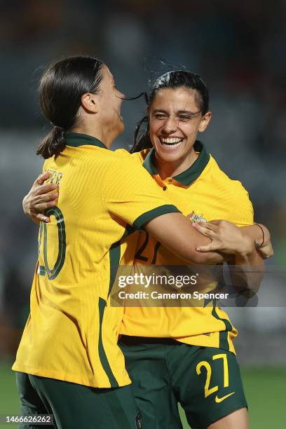 Sam Kerr of the Matildas celebrates a goal with Alex Chidiac during the Cup of Nations match between the Australia Matildas and Czechia at Industree...