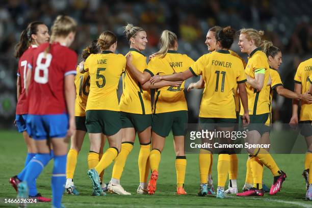 Sam Kerr of the Matildas celebrates a goal with team mate during the Cup of Nations match between the Australia Matildas and Czechia at Industree...