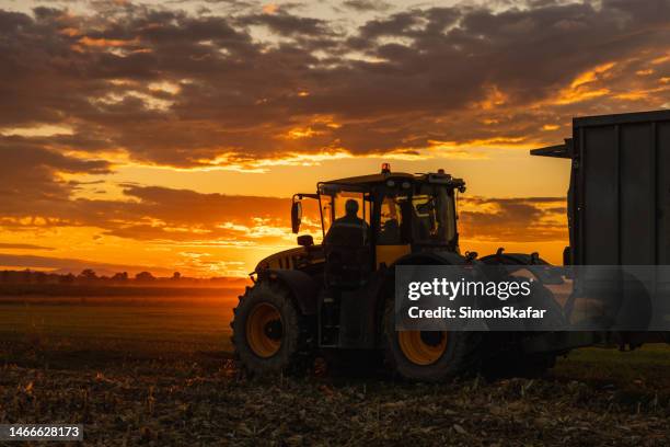 male farmer driving his tractor with attached trailer over crop field during sunset - tractor stockfoto's en -beelden