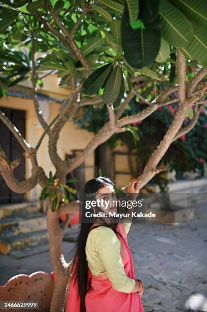 portrait of beautiful indian woman in sari standing by a tree in the courtyard while looking at the camera - bindi bildbanksfoton och bilder