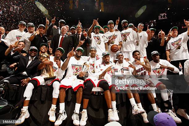 The Miami Heat pose for a team photo after defeating the Oklahoma City Thunder during Game Five of the 2012 NBA Finals to win the NBA Championship at...