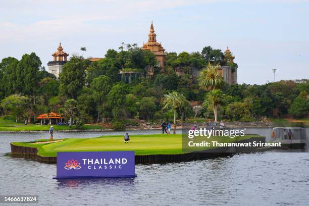 General view of the 17th green as Sami Valimaki of Finland putts during Day One of the Thailand Classic at Amata Spring Country Club on February 16,...