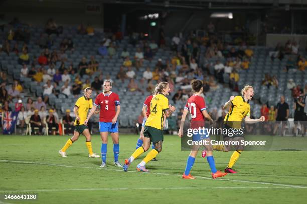 Clare Polkinghorne of the Matildas celebrates a goal during the Cup of Nations match between the Australia Matildas and Czechia at Industree Group...