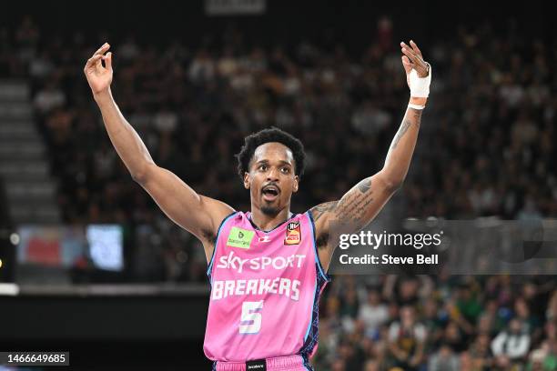 Barry Brown Jr of the Breakers reacts to the fans during game two of the NBL Semi Final series between Tasmania Jackjumpers and New Zealand Breakers...