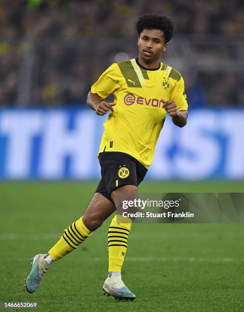 Karim Adeyemi of Dortmund in action during the UEFA Champions League round of 16 leg one match between Borussia Dortmund and Chelsea FC at Signal...