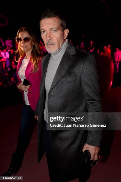 Nicole Kimpel and Antonio Banderas are seen at the front row ahead of the Agatha Ruiz de la Prada fashion show during Mercedes Benz Fashion Week...