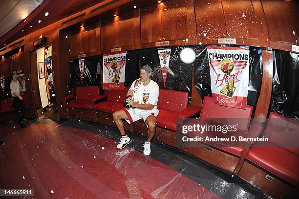 Shane Battier of the Miami Heat celerates in a locker room after winning Game Five of the 2012 NBA Finals between the Miami Heat and the Oklahoma...