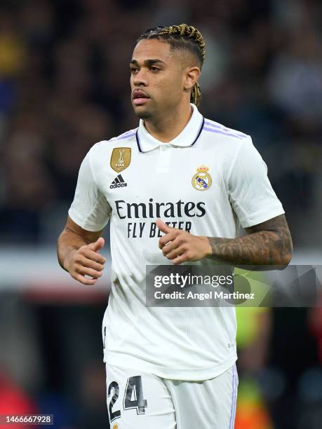 Mariano Diaz of Real Madrid looks on during the LaLiga Santander match between Real Madrid CF and Elche CF at Estadio Santiago Bernabeu on February...