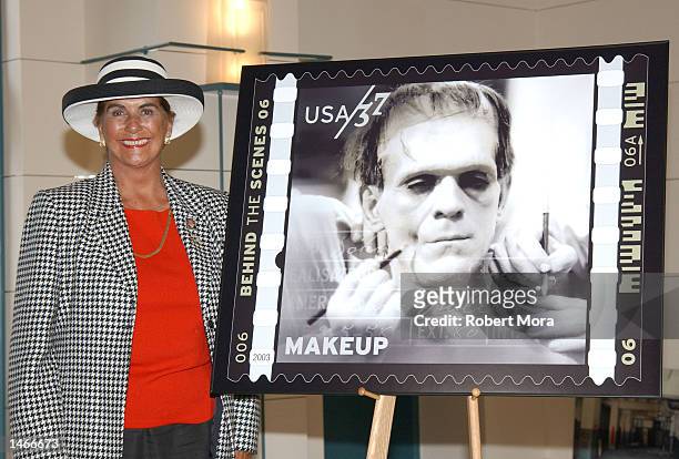 Sara Karloff unveils one of the new "American Filmmaking: Behind the Scenes" postage stamps which portrays her father/actor Boris Karloff as...