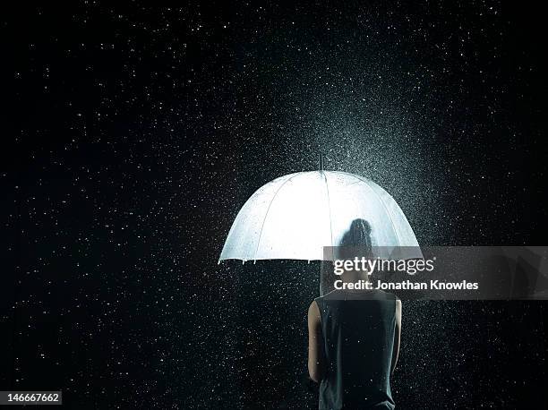 back of a woman under a see-through umbrella - umbrella stock pictures, royalty-free photos & images