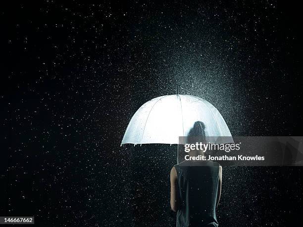 back of a woman under a see-through umbrella - umbrella protection stock pictures, royalty-free photos & images