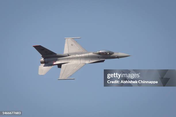 Air Force's F-16 Fighting Falcon performs during the Aero India 2023 at the Yelahanka Air Force Station on February 16, 2023 in Bengaluru, India. The...