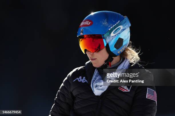 Mikaela Shiffrin of United States looks on during a course inspection prior to their second run in Women's Giant Slalom at the FIS Alpine World Ski...