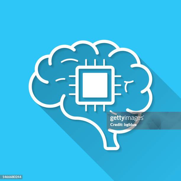 brain chip implant. icon on blue background - flat design with long shadow - robot head side stock illustrations