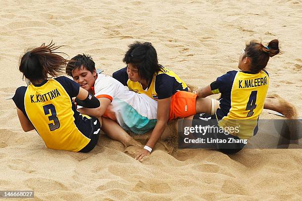 Priyanka of India reaches for the tape during the Beach Kabaddi Women's Gold Medal Match between India and Thailand on Day 6 of the 3rd Asian Beach...