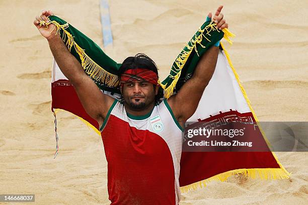 Kianoush Naderian of Iran celebrate victory after the Beach Kabaddi Men's Gold Medal Match between Iran and Pakistan on Day 6 of the 3rd Asian Beach...