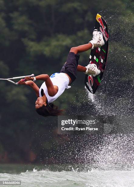 Sasha Christian of Singapore competes in the Waterski Women's Wakeboard Final on Day 6 of the 3rd Asian Beach Games Haiyang 2012 at Jiulong Lake on...