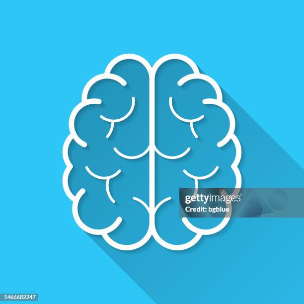 brain in top view. icon on blue background - flat design with long shadow - human-brain-top-view stock illustrations